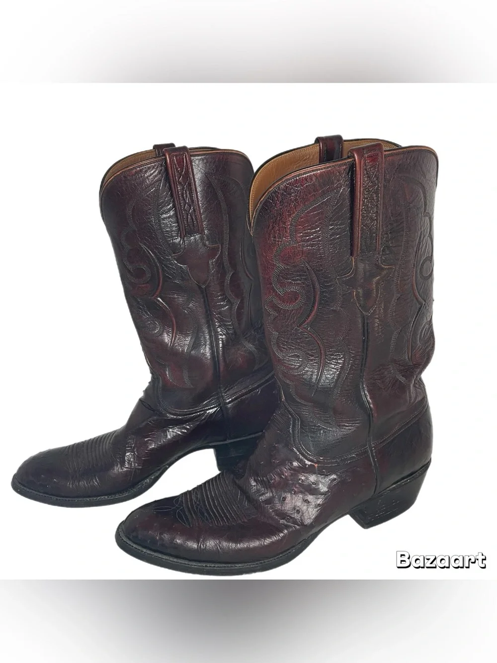 Vintage Lucchese Smooth Ostrich Cowboy Boots in Black Cherry